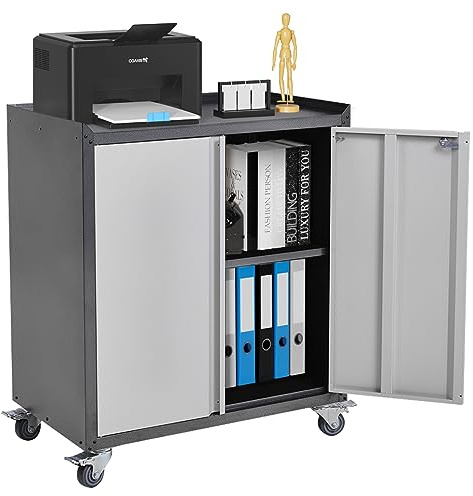 Warmiehomy Filing Cabinet, Metal Storage Cabinet Office Drawers on Wheel, Heavy Duty 2-Door Lockable Cabinet on Wheels, Document Storage for Home Office, Large Capacity, 77x46x90cm, White & Grey