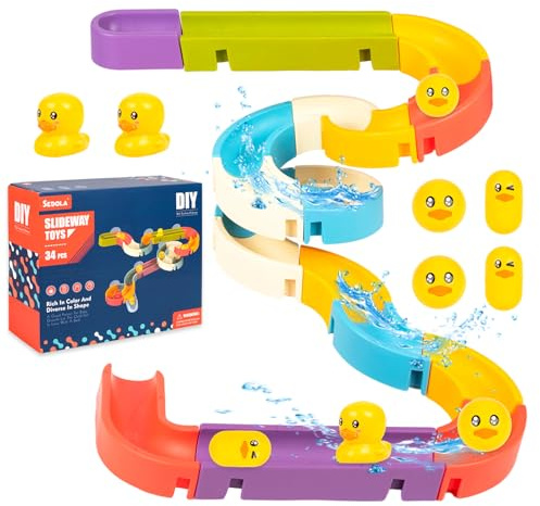 34PCS Kids Bath Toys Water Slide Track Game, Toddler Bathtub Toy with Suction Cups Duck Slide for 1 2 3 4 5 6 Year Old Boys Girls, Educational Autism Sensory Toys Birthday Gift