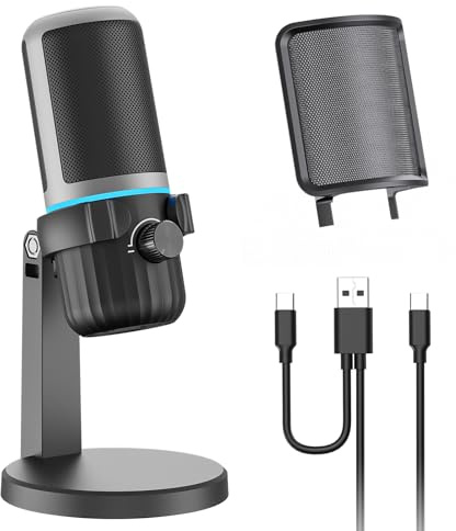 CMOCIIY USB Condenser Gaming Microphone, PC Microphone for Streaming, Podcasts, Recording, Desktop Computer Mic with Mute Button & LED Indicator, Volume Control, Headphone Jack