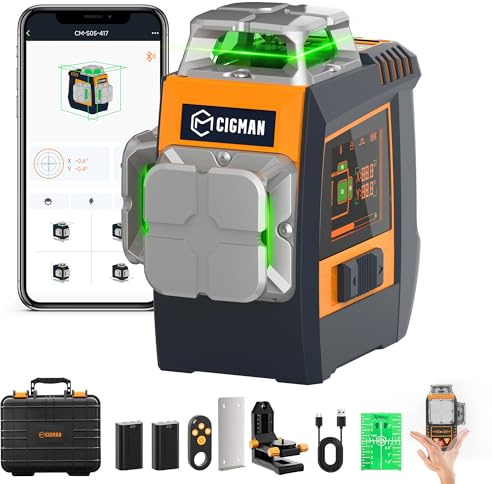 CIGMAN Gesture-Control Laser Level with Side Screen Display, 3×360° Green Self-Levelling Lines, Hand-Gesture Line & Brightness Control, Strobe Mode, 2 Li-ion Batteries, Bluetooth App Remote