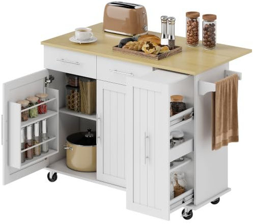 HOMCOM Isla de Cocina con Ruedas Encimera Plegable Carro de Cocina Blanco | 2 Puertas con Cierre Suave, Bandeja Extraíble de 3 Niveles, 2 Cajones, Toallero, Especiero