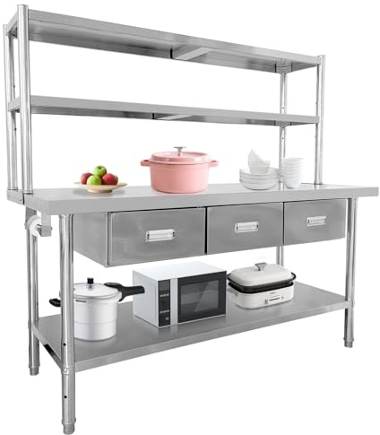 Stainless Steel Table with 3 Drawers, 71 X 24 NSF Prep Table with Shelves & Paper Towel Holder, Heavy-Duty Food Prep Worktable for Commercial Kitchen Restaurant Garage Warehouse