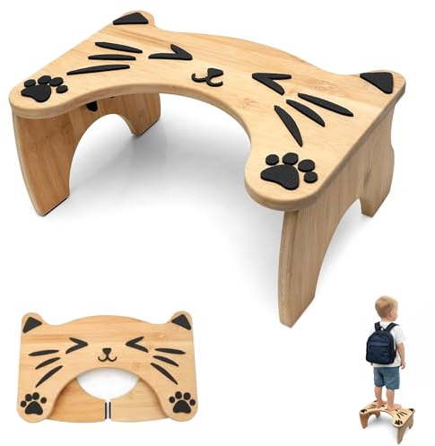 Toilettenhocker Faltbarer aus Bambus mit Katzendesign – Rutschfester Badezimmer, Tritthocker Ergonomischer, Bambus Klohocker für Erwachsene & Kinder, Platzsparendes Hocktöpfchen