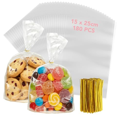 180 Stück Cellophantüten 15x25cm Durchsichtige Zellophantüten mit Krawatten | Transparent Geschenktüten Kleine Tüten für Süßigkeiten Zellophanbeutel, Plastiktüten Verpackungstüten für Brot Kekse