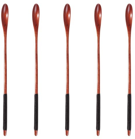 GARVALON Lot de 5 Cuillères en Bois Foncé à Long Manche pour Mélanger le Miel Sirop, Ustensiles Cuisine Faciles à Nettoyer et Pratiques pour Desserts