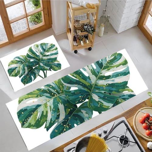 MULERN Set di Tappeti da Cucina Semplice, Tappetini in Piedi in Moquette Lavabili, Set di Tappeti da Pavimento Antiscivolo in Microfibra da 2 pezzi, 43x75cm+43x150cm, Acquerello Monstera Deliziosa