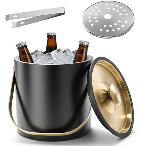 Eiswürfelbehälter Edelstahl, 4L Eiswürfelbehälter mit Deckel, Sieb Und Eiszange, Doppelwandig Isoliert eisbehälter für eiswürfel, Kühler für Champagner, Bier und Wein-Eiskübel
