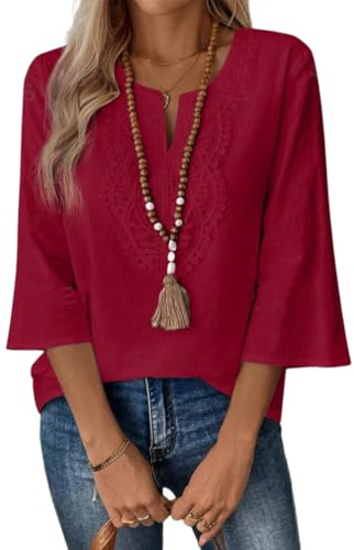 shownicer Camicia Donna Elegante Manica A 3/4 Blusa Scollo A V Camicetta Estiva Tinta Unita Camicia Curvy Maglietta A Rosso XL
