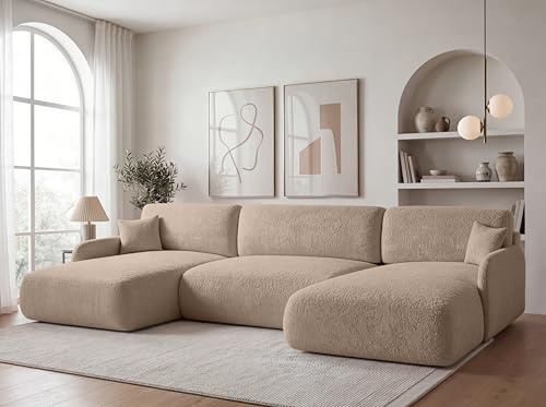 KP-Meble U-Form Wohnlandschaft mit Schlaffunktion 360x175 cm Bouclé Beige – Großes Schlafsofa mit Bettkasten, Moderne Couch mit Stauraum Pierr (Anthology 4)