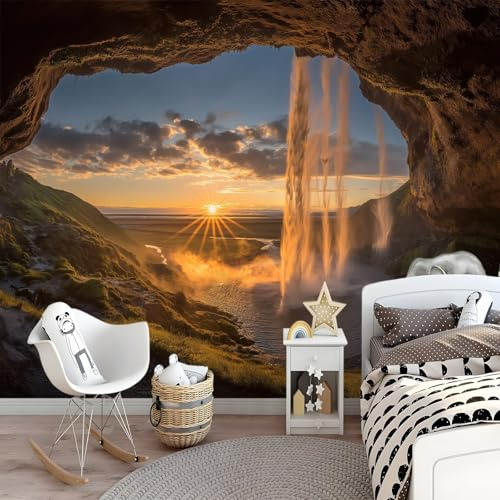 Carta da Parati Fotomurale XXL 300 x 210 cm, Colore Arancione Poster Murale in Tessuto Non Tessuto per Parete TV Corridoio e Soggiorno, Decorazione Interni Impatto Natura Tramonto Cascata Grotta