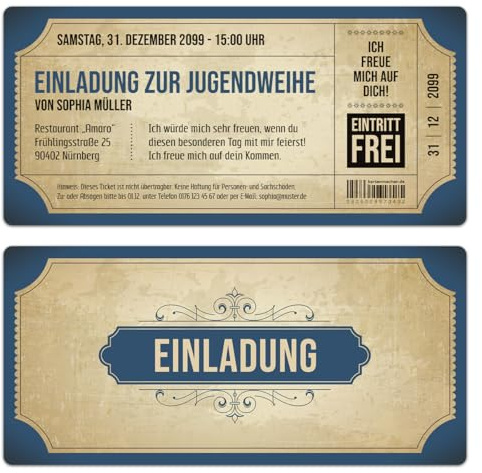 Kartenmachen.de Personalisierte Jugendweihe Einladungskarten 10-100 Stück selbst gestalten - Vintage Eintrittskarten in Blau - DIN Lang 210x99mm