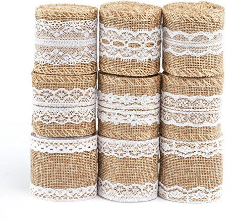 Naler Spitzenband Vintage Juteband Leinwand Band mit Weißer Spitze Natürlich Dekoration für Geburtstag Hochzeit Party (9 Rollen x 200cm)