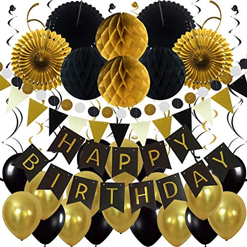 ZERODECO Birthday Party Decoration, Happy Birthday Banner with Paper Fans, Honeycomb Balls, Triangular Pennants, Circle Paper Garland, Hanging Swirls and Balloons - Black, Gold and Gray