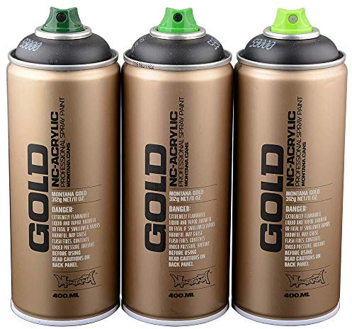 Montana Sprühdosen 3x400ml schwarz - Sprühlack auf Acrylbasis - Shock Black S9000, low pressure, schnelle Trocknung, sehr hohe Deckkraft
