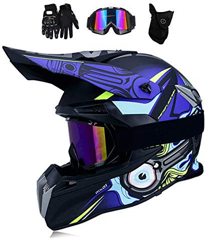 MRDEAR Motorrad Crosshelm Set mit Brille (4 Stück) Motocross Helm Pro Fullface-Helm Motorradhelm Schutzhelm für BMX ATV MTB Downhill Enduro Sport Sicherheit Schutz mit Abnehmbar Futter, Blau,M