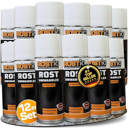 Rostio rostomvandlare Spray 12 x 400 ml – rostomvandlare och korrosionsskydd – färglös – kan målas över, efter ca 120 min – epoxihartsbas – temperaturbeständig upp till 180 °C