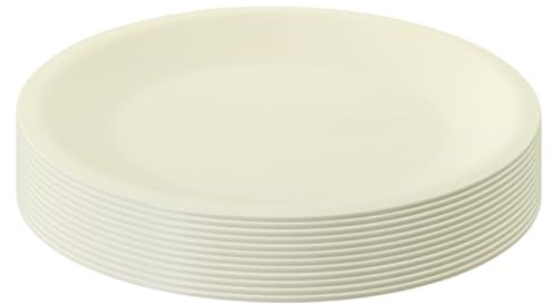 Engelland - 12er Set Kunststoff-Teller, Beige, Ø 23,5 cm, flach, bruchfest, wiederverwendbar, Mehrweg, Plastikteller, mikrowellen- & spülmaschinenfest, BPA-frei, Camping, Picknick, Party