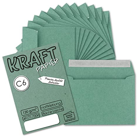 50x Briefumschläge DIN C6 Kraftpapier - Eukalyptus (Grün) - 11,4x16,2 cm | Kuverts NEUSER PAPIER - mit Haftklebung - 114 x 162 mm - Vintage Recycling Kuverts - Kraftpapier - selbstklebend -
