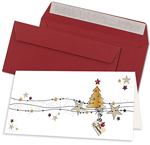 200x Weihnachtskarten-Set DIN Lang in Weiß mit Weihnachtsbaum und Sternen - Faltkarten mit Umschlägen DIN Lang Dunkelrot mit Haftklebung - Weihnachtsgrüße für Firmen und Privat