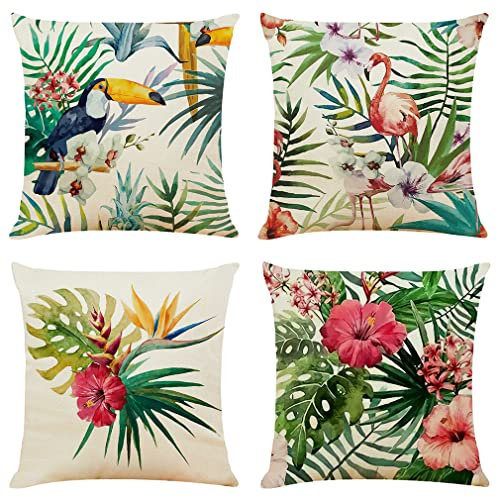 NIULAA Tropical Flowers Plants Cushion Covers Sets of 4 Decorative Linen Throw Pillow Cases 50cm x 50cm Flamingo Pillowcase 20x20 for Sofa Outdoor Garden Farmhouse