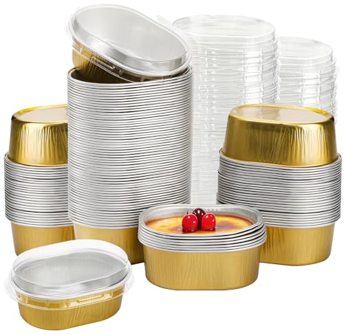 Dicunoy 100 Pack Mini Aluminum Baking Cups with Lids, 2 FL OZ Disposable Ramekins Muffin Liners Containers, Individual Pie Tin Cup for Dessert, Creme Brulee, Pudding, Cupcake