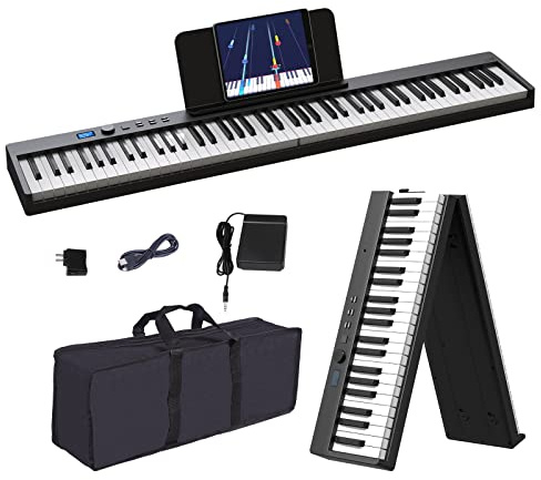 KONIX Foldable Piano Keyboard, 88 Key Full Size Semi Weighted Folding Piano Keyboard, Bluetooth Portable Electronic Keyboard Piano with Sheet Music Stand, Sustain Pedal and Piano Bag, Black