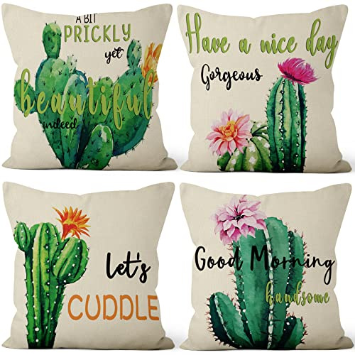 Aoihrraan 41x41cm Confezione Da 4 Copricuscini Divano Verde Cactus Fiore Piante Verdi Biancheria Quadrata Federe Per Cuscini Decorare In Lino Arredo Casa Giardino Camera Da Letto Campeggio Sofà