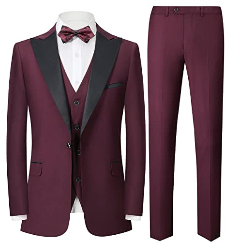 Sliktaa Trajes de Hombre Conjunto de Traje de 3 Piezas Corte Ajustado Cruzado Simple Un Botón Formal Traje de Esmoquin Boda Negocios Actuación Blazer Chaleco Pantalones, rosso, M