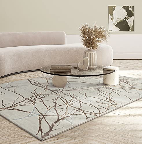 Mila Modern Elegant Cream & Gold Lightning Living Room Rug, 160 x 230 cm