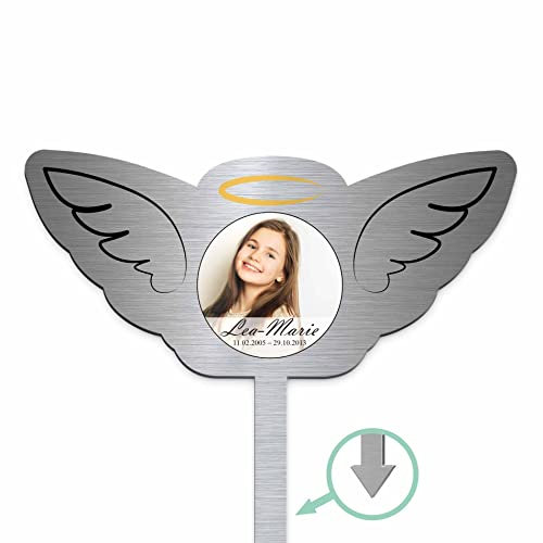 Edelstahl Grabstecker - Blumenstecker | Personalisiertes Sternenkind Andenken - Sternenkinder Grabschmuck Herz wetterfest | persönliche Engelsflügel Deko - Grabherzen mit Spruch (Personalisierbar)
