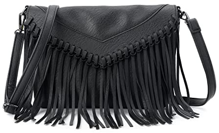 Oweisong Fringe Crossbody Purse for Women Western Cowgirl Purse Leather Tassel Fanny Packs Black Shoulder Handbags