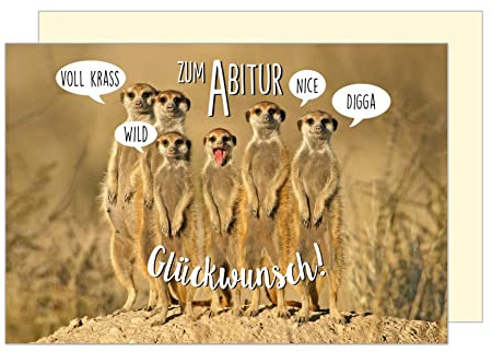 Edition Seidel Premium Glückwunschkarte zum Abitur mit Umschlag. Abiturkarte Karte Grusskarte Abi Prüfung lustige Tierkarte Erdmännchen Junge Mädchen (PR123 SW023)