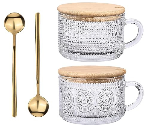 Vintage Glass Coffee Mugs Set of 2,Clear Embossed Glass Tea Cups with Bamboo Lids and Spoons, Cute Coffee Bar Accessories, for Cappuccino, Latte, Overnight Oats, Cereal,Yogurt,Gift(Translucent)