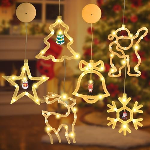 Herefun 6er Set Fensterdeko Hängend Fensterlicht, Weihnachtsbeleuchtung, LED Saugnapf Weihnachten Lichter, LED Vorhang Licht Batteriebetriebene Weihnachten Lichter für Innen Außen Weihnachtsfeier