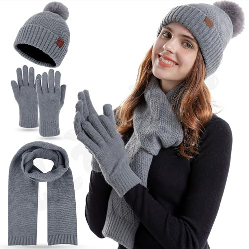 FUBABCO Set Cappello Sciarpa Guanti Invernali Donna, Set Cappelli Sciarpa e Guanti Maglia Caldo Donna Cappello Pompon e Sciarpa Lunga e Guanti Touch Screen per Donne Ragazze Che Sciano All'aperto