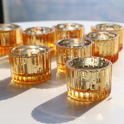 Vohocandle Gold Tea Light Holders set of 12 for Wedding, Tealight Candle Holders for Table Centerpiece, Mercury Glass Candle Holder Gifts for Women (5 x 3.5cm, Gold)