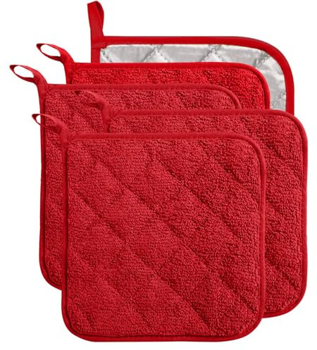 5 Pack Terry Cloth Pot Holders for Kitchen Heat Resistant, 7 x 7 Inch Insulated Oven Square Hot Pads, Potholders Sets for Kitchen Cooking and Baking (Red)