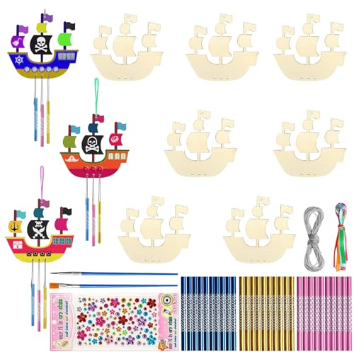 SPHERETRON Windspiel Bastelset Holz 10 Stück Holz Piratenschiff Bastelset DIY Holzs Handwerk für Kinder Piratenschiffe aus HolzHandwerk Bemalen Windspiel Holzbastelsets für DIY Kinder Malen Dekoration