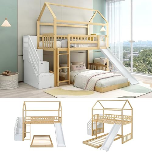 Lit superposé avec escalier avec rampe et échelle à angle droit, escalier avec espace de rangement, lit cabane avec toboggan, lit enfant avec protection antichute et grille, cadre en bois