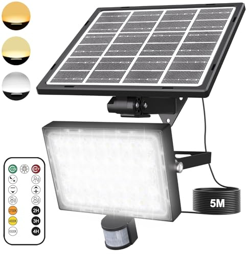 MEIKEE Lampe Solaire Extérieure Detecteur de Mouvement, Projecteur LED Extérieur Étanche IP66, 5 Modes d'Éclairage, Lumière Réglable 2700K-6500K, Minuterie, Spot Solaire Télécommande avec Câble de 5M