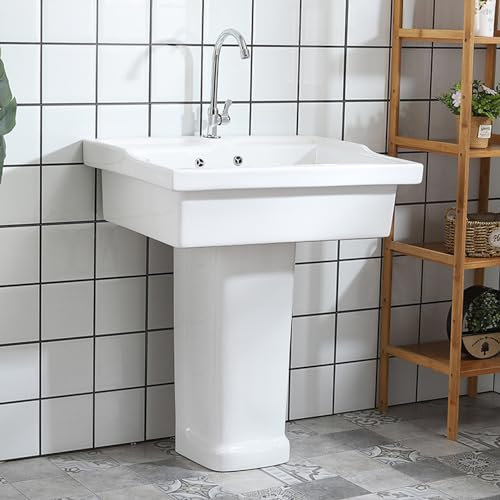 Keramik Standwaschbecken, Einteiliges freistehendes Standwaschbecken, glänzend weißes Standwaschbecken, Haushalts-Badezimmer-Waschbecken mit Wasserhahn und Abfluss-Kombination