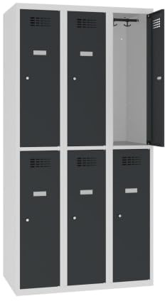 Steinbock Spind 6 Fächer | H180xB90xT50 cm | Anthrazit | Zylinderschloss mit 2 Schlüsseln | Metallspind inkl. Kleiderstange, Kleiderhaken, Namensschild | Schließfachschrank