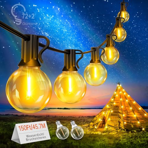 Led Außen Lichterkette Glühbirnen Strom - 46M Outdoor Lichterketten mit 72+2 G40 Wetterfest Glühbirne für Innen Aussen Garten Balkon Camping Party Deko