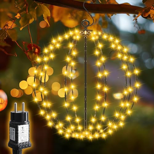 SALCAR Éclairage de Noël LED extérieur, 30 cm, 120 LED, boules suspendues, étanche, 8 modes, guirlande lumineuse avec minuterie, fonction mémoire, pour jardin, fête, intérieur, salon, blanc chaud
