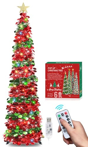 HMASYO Árbol de Navidad de oropel desplegable de 6 pies con 100 luces de temporizador multicolor y control remoto, árbol artificial plegable rojo y verde, decoración de Navidad para el hogar, oficina,