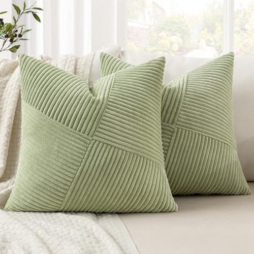 MIULEE Kissenbezug 40x40 Bohnengrün frühling Kordsamt 2er Set Kissenbezüge Zierkissenbezug Kissenhülle Sofakissen Dekokissen Streifen Muster Patchwork Design für Wohnzimmer