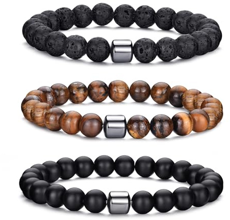 MOROTOLE Pulsera Hombre Pulsera de Cuentas de Piedra Natural de Ojo de Tigre de 8 mm Pulseras de Roca de Lava Elásticas Ajustables para Hombres Regalos para Padre Novio Hermano