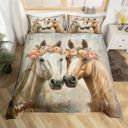 Horse Oil Painting Duvet Cover Queen Size,Pink Floral Comforter Cover with 2 Pillowcase for Teens Adults,Kids Vintage Farmhouse Bedding Set,Horses Breathable 3 Pcs Decorative Bed Cover(No Comforter)