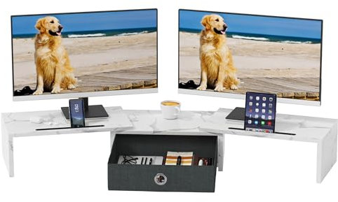 OYRREU Monitor ErhöHung Schreibtisch, Monitorständer mit Schublade BildschirmerhöHung 2 Monitore Monitor Ständer Holz, Monitor Riser TV PC Monitor Stand(Weiß, 99 x 23,6 x 15,5 cm)