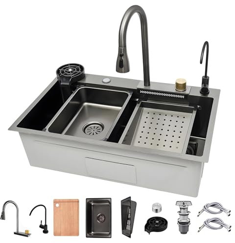 ATHOMASM Fregadero de cocina de acero inoxidable gris negro 68 x 45 cm lavabo profundo moderno multifuncional para la cocina en el hogar Fregadero de encimera grande con grifo extensible, lavaplatos